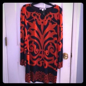 Beautiful dress! Navy and orange. Bell sleeves!